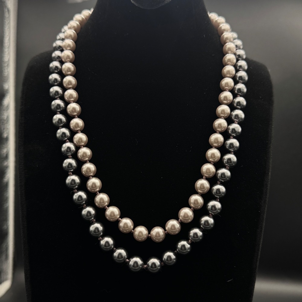 Vintage Two Strand Silver Faux Pearl Necklace 17 in Knotted Heavy 69g Flapper‎